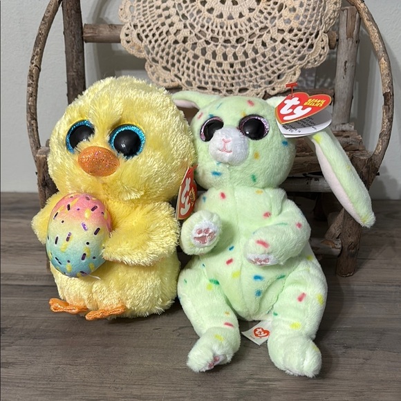 NWT TY Beanie Babies Yellow Chick and Green Bunny Plush Set MARIGOLD AND FERN - Picture 1 of 13
